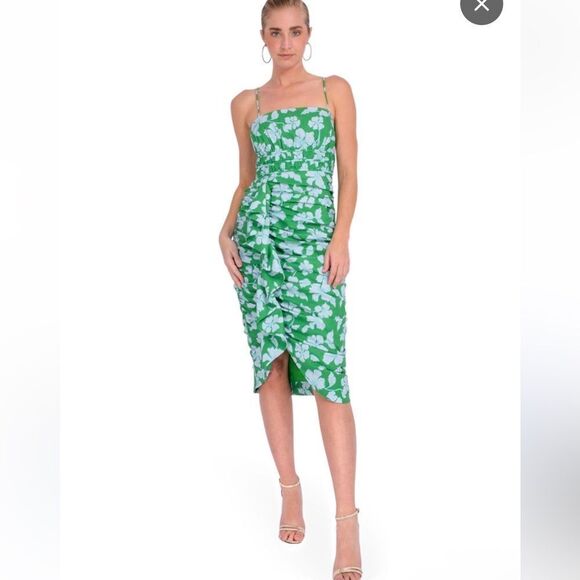 $448 Olly Ruched Midi Dress in Frog Flower NWT - Picture 7 of 13